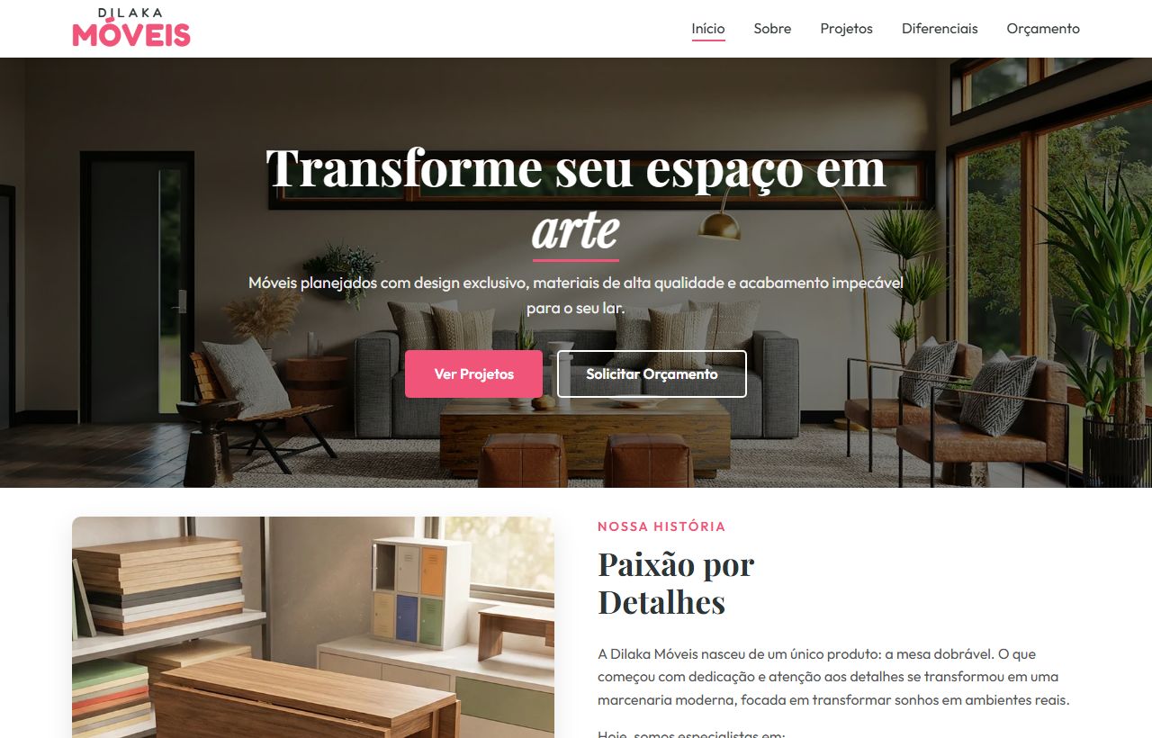 Página inicial do site DiLaka Móveis, com apresentação de móveis planejados.